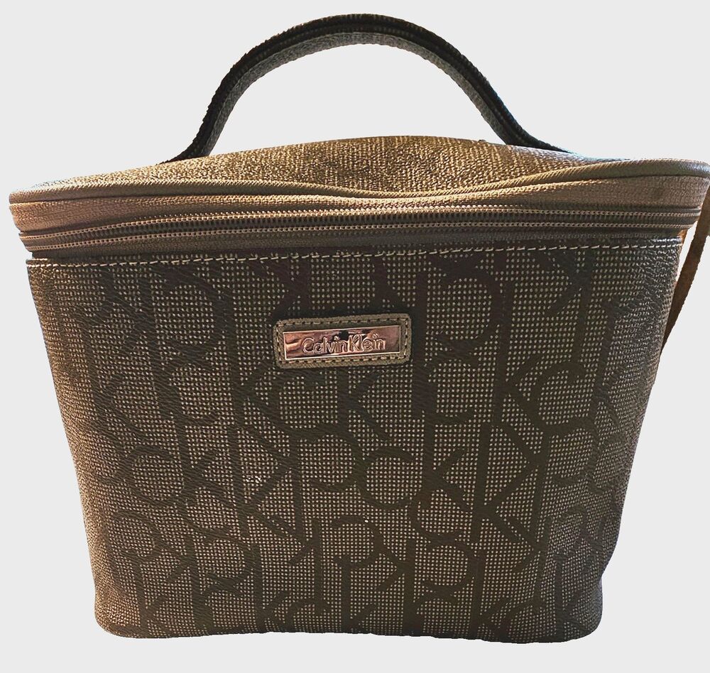 Calvin Klein Brown CK Monogram Logo Train Case Cosmetic Makeup Bag Vanity Travel